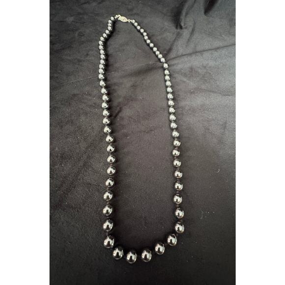 24″ Black Hematite Bead Necklace – Heavy, Knotted Strand, Genuine Stone Look - Picture 2 of 4